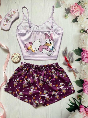 Піжама (шорти та майка) жіноча шовкова з принтом Daisy Duck фіолетова 1229581830 фото
