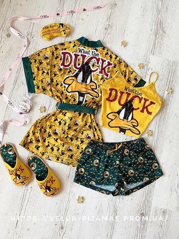 Комплект (піжама та халат) жіночий шовковий з принтом Duck жовтий 1462755349 фото