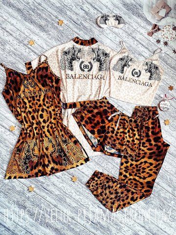 Комплект: піжама, нічнашка та халат жіночий шовковий з принтом Leopard жовтогарячий 1402094958 фото