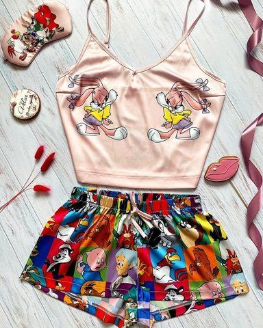 Піжама (шорти та майка) жіноча шовкова з принтом Lola Bunny рожева 1252825543 фото