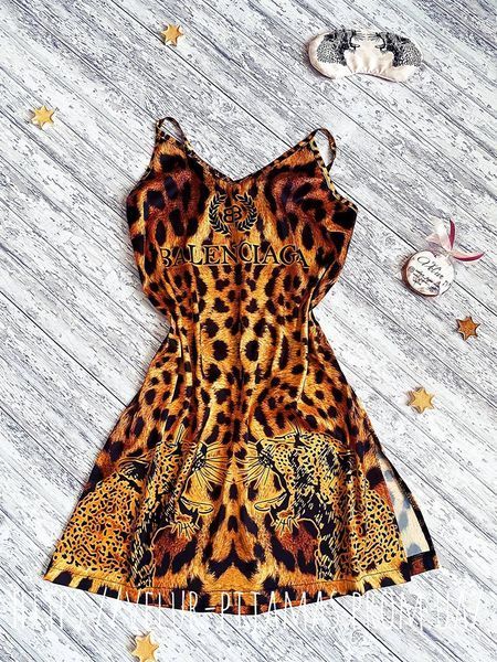 Комплект: піжама, нічнашка та халат жіночий шовковий з принтом Leopard жовтогарячий 1402094958 фото