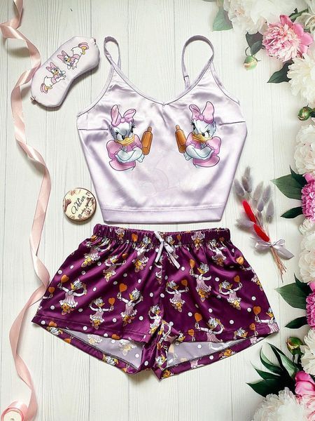 Піжама (шорти та майка) жіноча шовкова з принтом Daisy Duck фіолетова 1229581830 фото