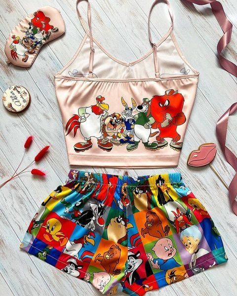 Піжама (шорти та майка) жіноча шовкова з принтом Lola Bunny рожева 1252825543 фото
