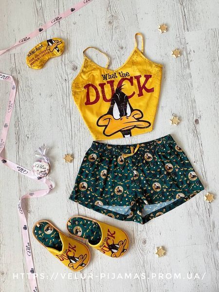 Піжама (шорти та майка) жіноча шовкова з принтом Duck жовта 1462756235 фото
