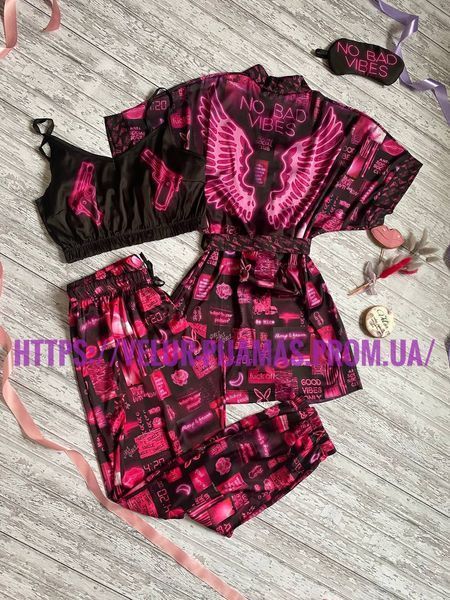 Комплект (піжама та халат) жіночий шовковий з принтом Neon рожевий 1353641662 фото