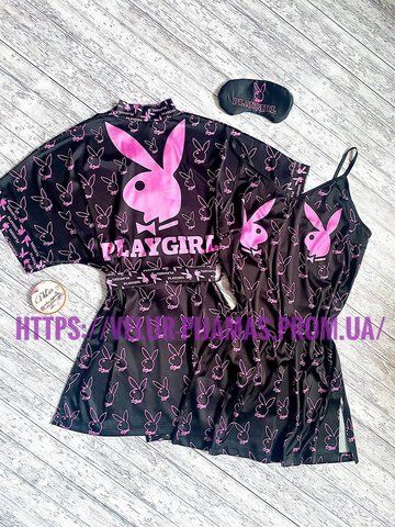 Комплект нічника та халат жіночий шовковий з принтом Play Girl чорний 1353637038 фото