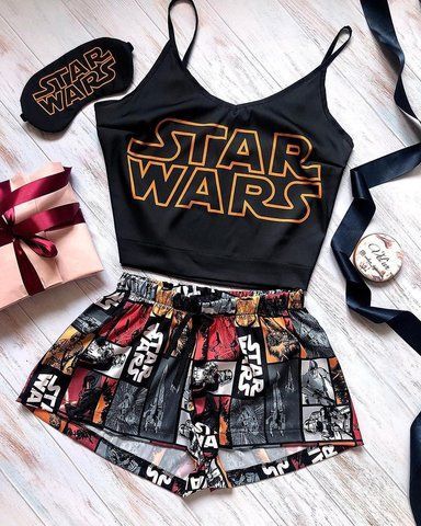 Піжама (шорти та майка) жіноча шовкова з принтом Star Wars чорна 1231618165 фото