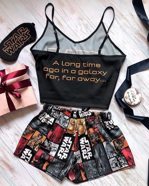 Піжама (шорти та майка) жіноча шовкова з принтом Star Wars чорна 1231618165 фото