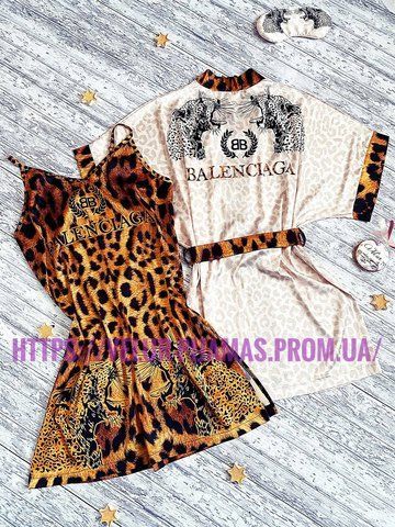 Комплект нічника та халат жіночий шовковий з принтом Leopard жовтогарячий 1371985531 фото