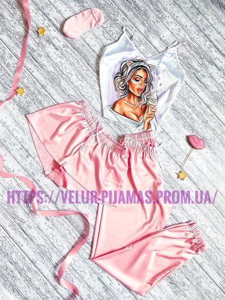Комплект (піжама та халат) жіночий шовковий з принтом Pink рожевий 1369437936 фото