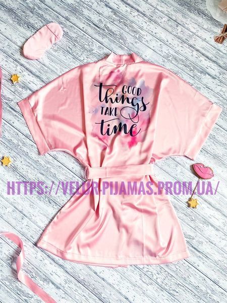 Комплект (піжама та халат) жіночий шовковий з принтом Pink рожевий 1369437936 фото