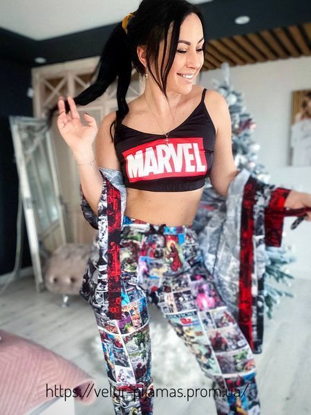 Комплект (піжама та халат) жіночий шовковий з принтом Marvel чорний 1584753163 фото