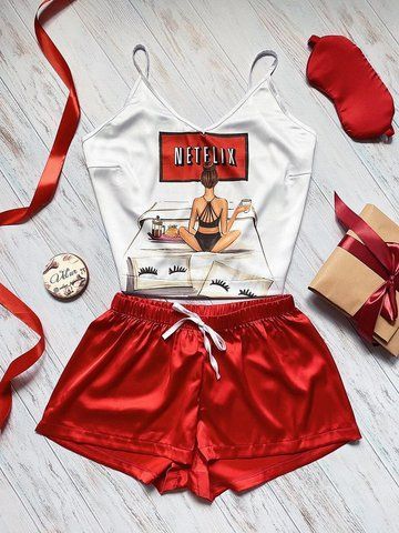 Піжама (шорти та майка) жіноча шовкова з принтом Netflix червона 1230373065 фото
