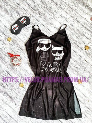 Нічна жіноча шовкова чорна з принтом Karl who 1369444673 фото