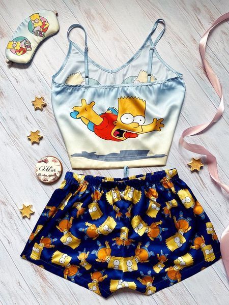 Піжама (шорти та майка) жіноча шовкова з принтом Bart Simpson блакитна 1230373362 фото