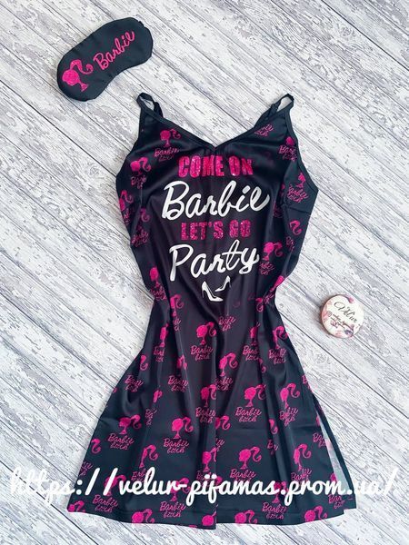 Комплект нічника та халат жіночий шовковий з принтом Barbie чорний 1393068776 фото