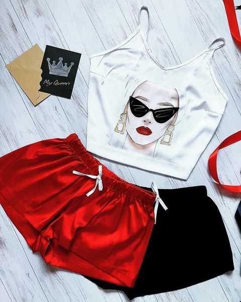 Піжама (шорти та майка) жіноча шовкова з принтом Red&Black червона, чорна 1233541586 фото