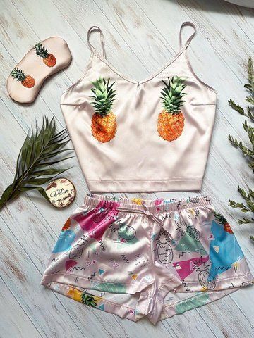 Піжама (шорти та майка) жіноча шовкова з принтом Pineapple бежева 1230378025 фото