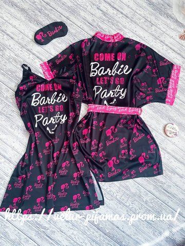 Комплект нічника та халат жіночий шовковий з принтом Barbie чорний 1393068799 фото