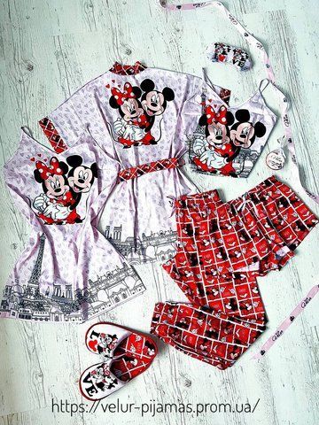 Комплект: піжама, нічнашка та халат жіночий шовковий з принтом Mickey Mouse рожевий 1584850582 фото