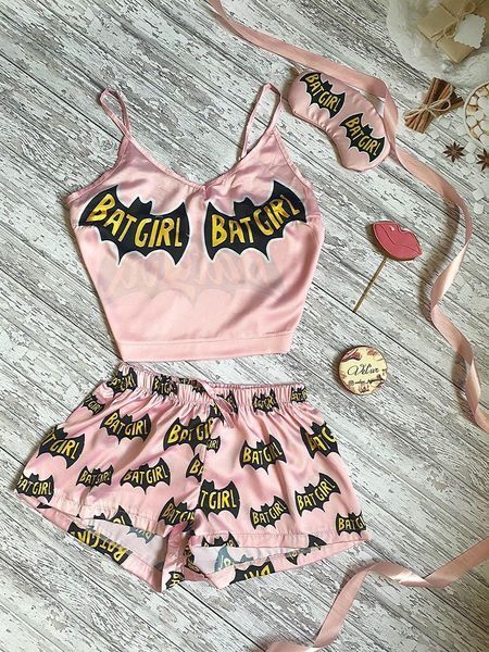 Комплект (піжама 2 шт. і халат) жіночий шовковий з принтом Bad Girl рожевий 1277455771 фото