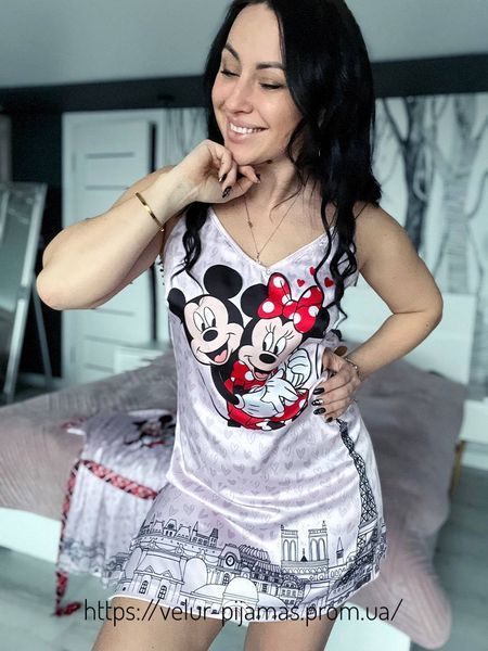 Комплект: піжама, нічнашка та халат жіночий шовковий з принтом Mickey Mouse рожевий 1584850582 фото