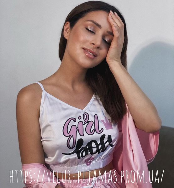 Комплект (піжама та халат) жіночий шовковий з принтом Girl boss рожевий 1440089950 фото